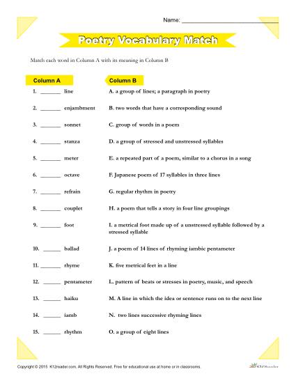 poetry vocabulary worksheet
