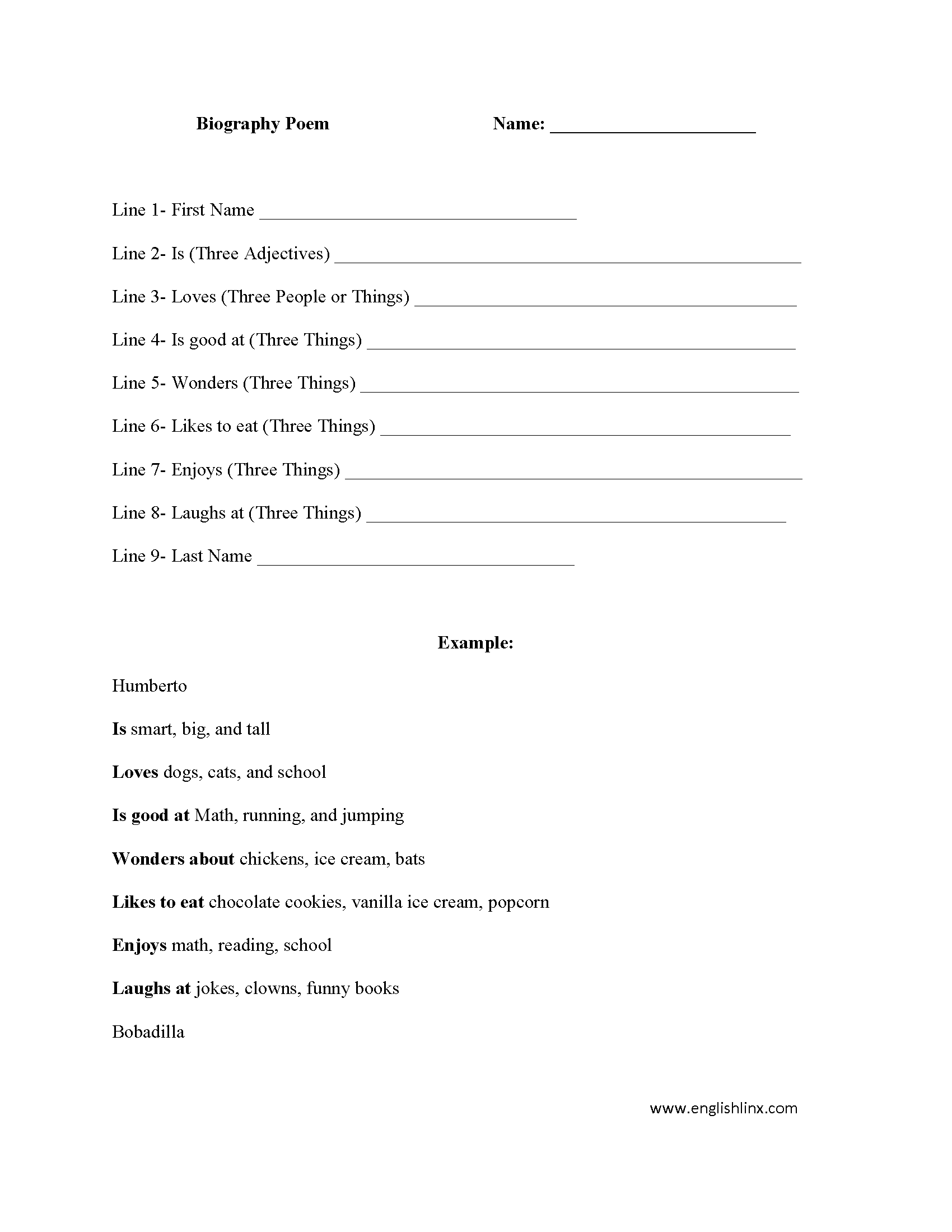 Poetry Worksheets | Biography Poem Worksheet