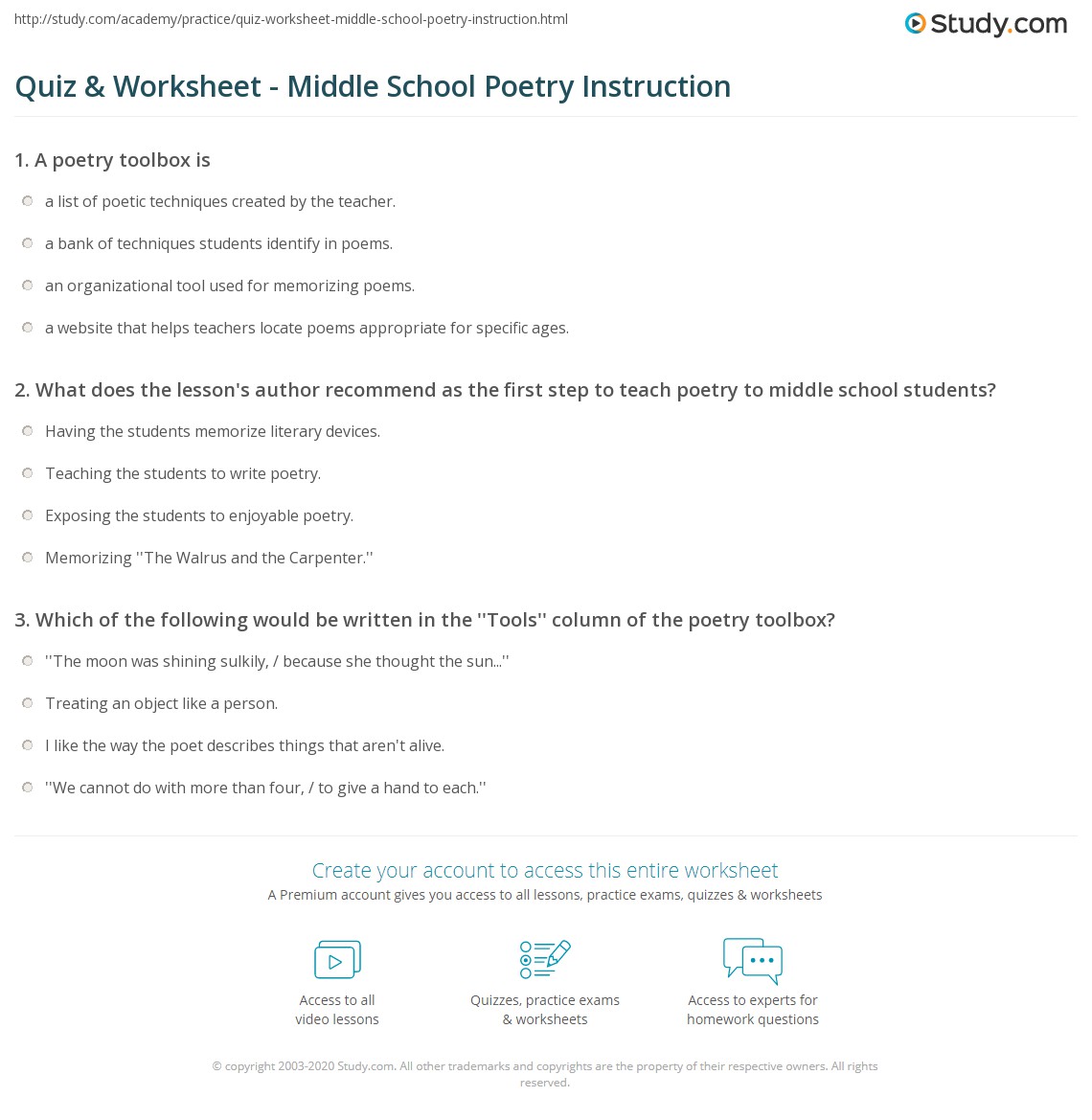 poetry worksheet for middle school