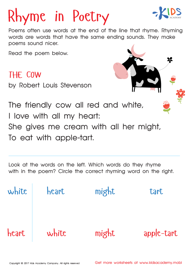 Rhyme In Poetry Worksheet: Free Printable PDF for Kids