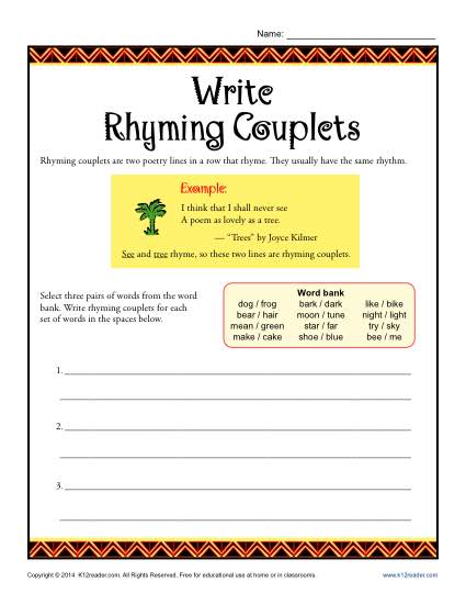 Write Rhyming Couplets | Poetry Worksheets