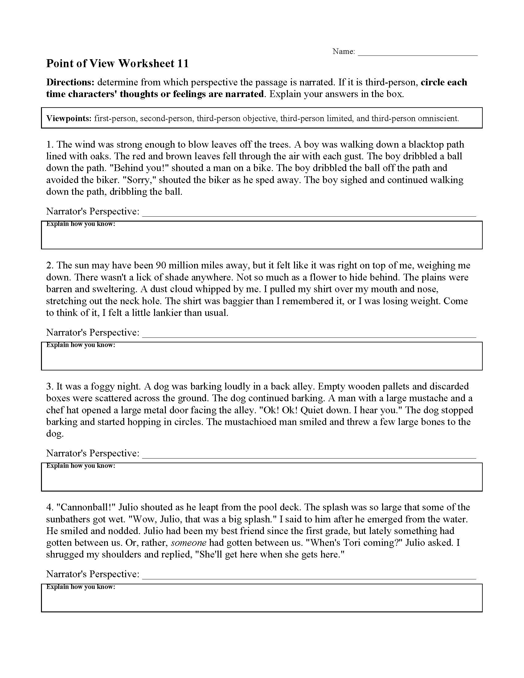 point of view worksheet 2nd grade