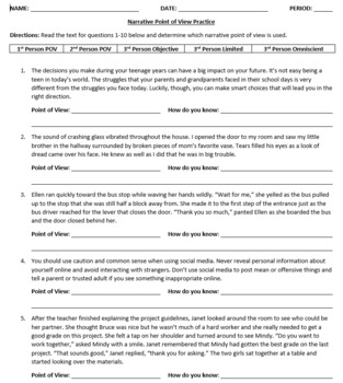 Narrative Point of View Worksheet by Brain Bar worksheets library