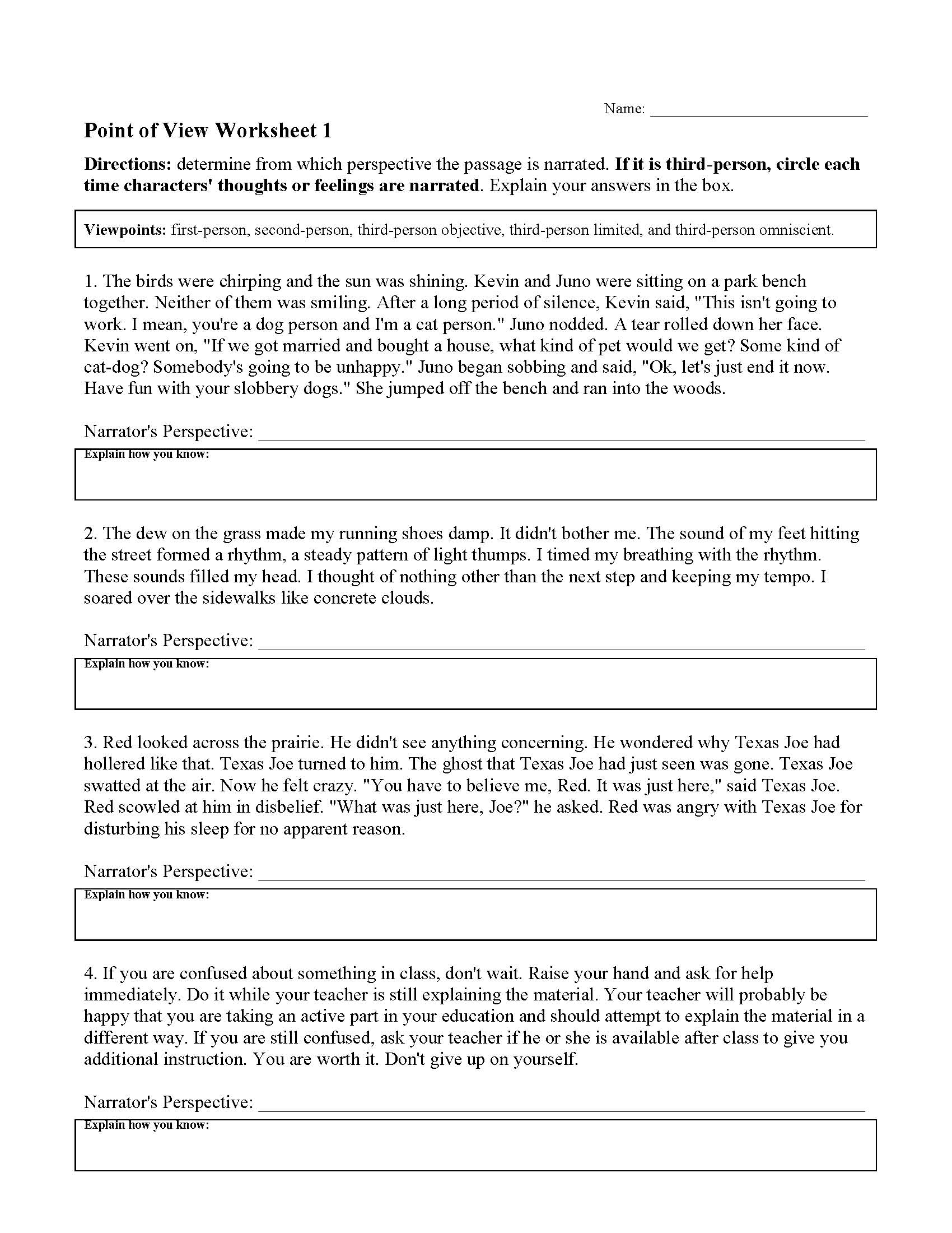 Point of View Worksheet 1 | Reading Activity - Worksheets Library