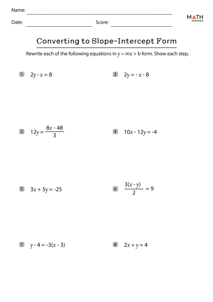 Slope Intercept Form Worksheets with Answer Key