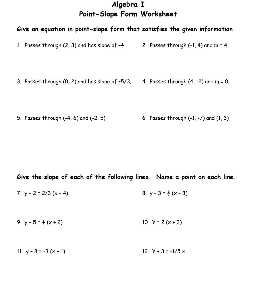 point slope form worksheet answers