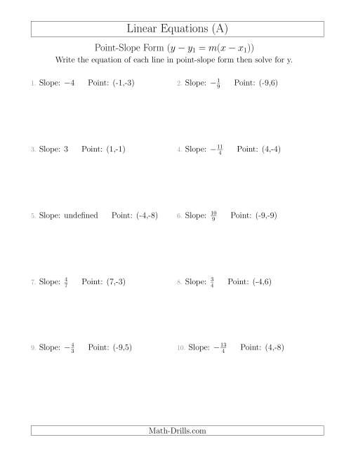 point slope form worksheet