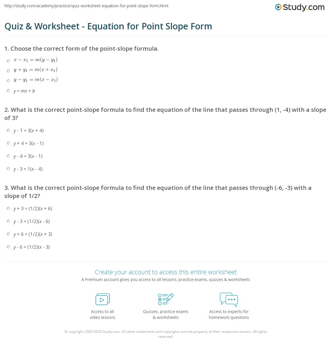 Quiz &  Worksheet - Equation for Point Slope Form | Study.com
