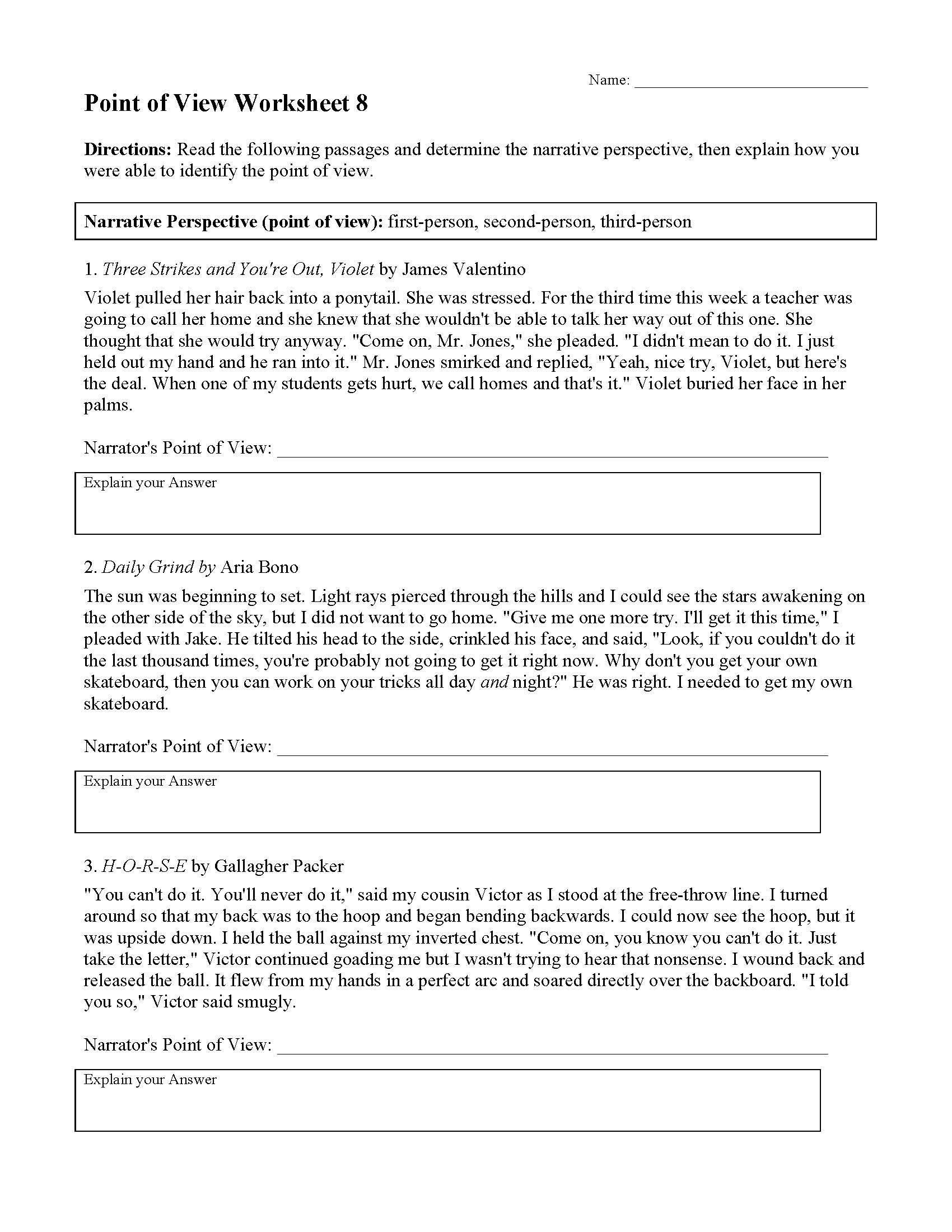 points of view worksheet