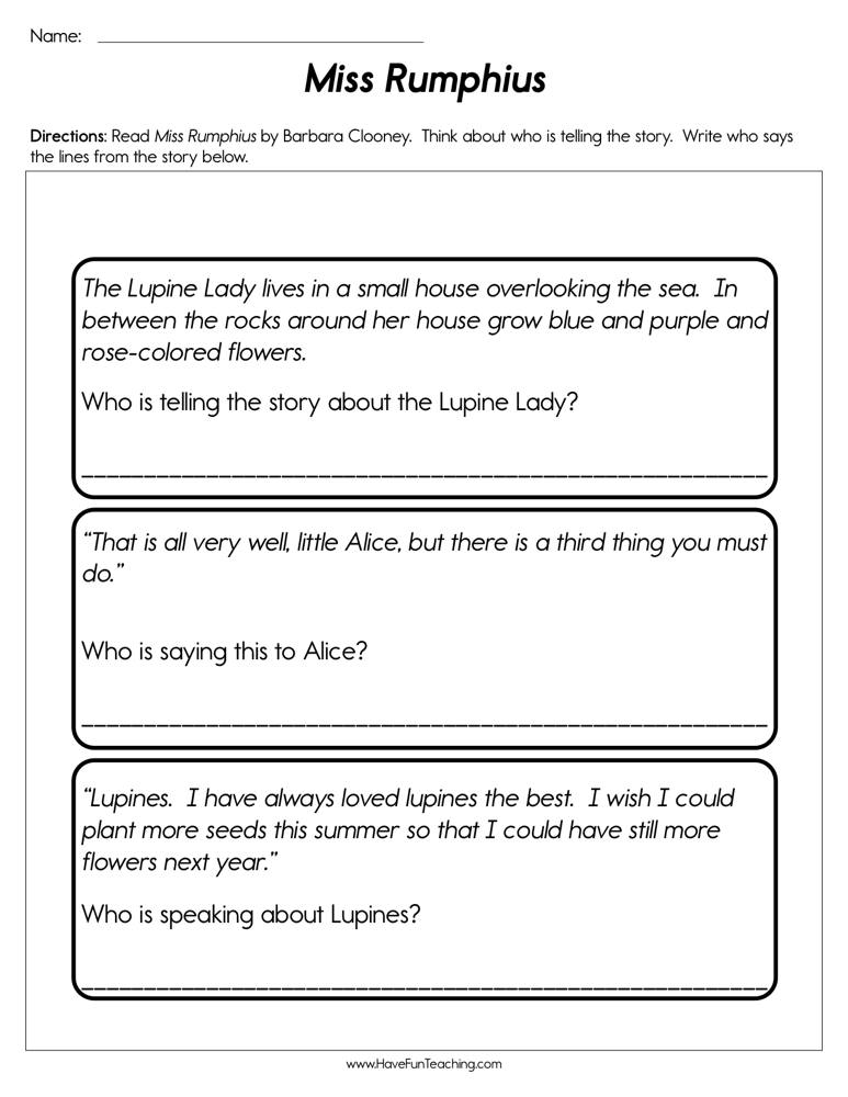 Miss Rumphius Point of View Worksheet  