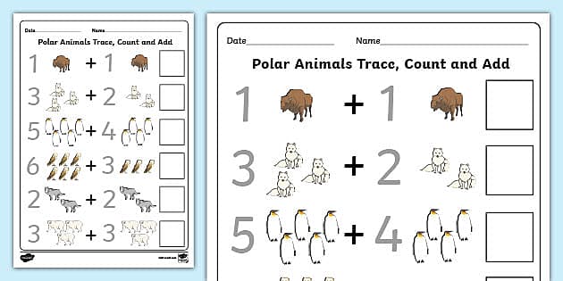 Polar Animals Trace Count and Add Worksheet (teacher made)