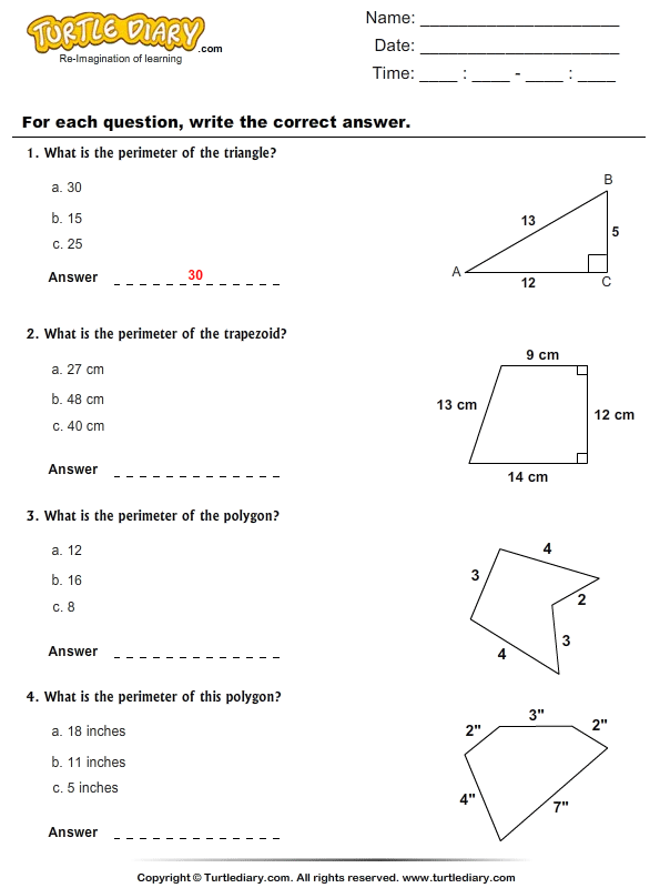 Perimeter of Polygons | Turtle Diary Worksheet
