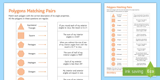 Regular Polygons Matching Pairs Worksheet / Worksheet