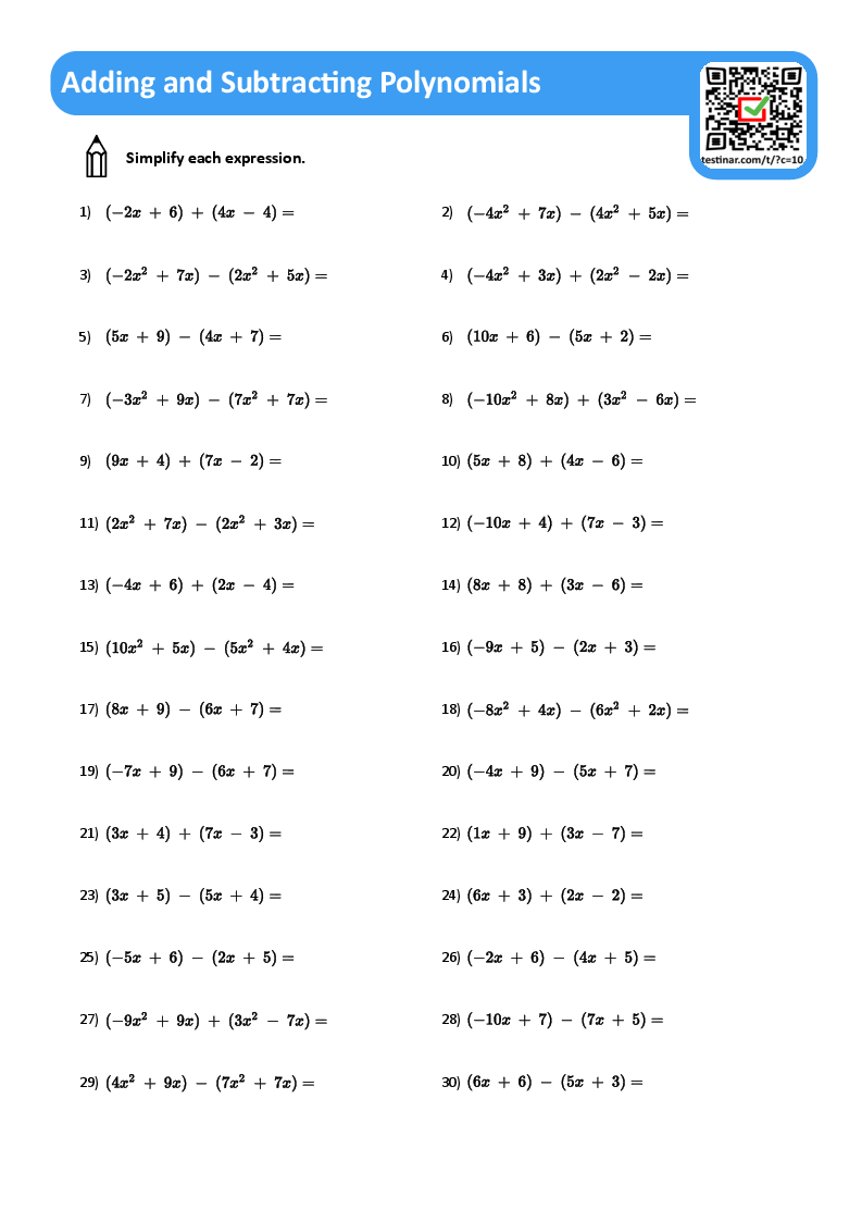 polynomial addition and subtraction worksheet