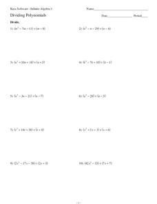 Dividing Polynomials Worksheet for 10th - 12th Grade | Lesson Planet