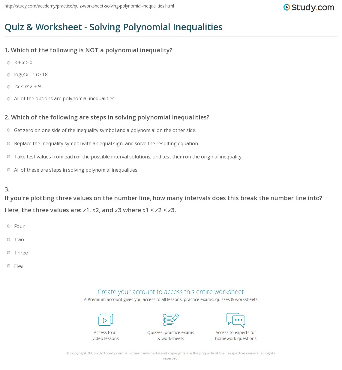 Quiz &  Worksheet - Solving Polynomial Inequalities | Study.com