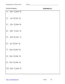 Multiplying Polynomials Worksheets :: 25 - 48