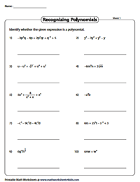 Recognizing Polynomials Worksheets