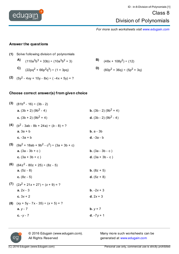 Year 8 - Division of Polynomials | Math Practice, Questions, Tests ...
