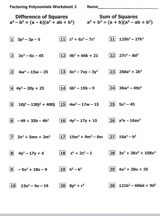 Solved Factoring Polynomials Worksheet 2 Name Difference of ...