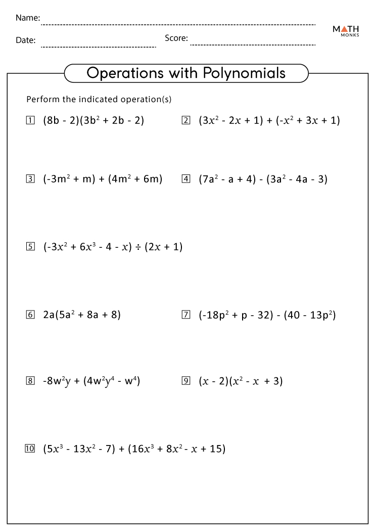 Polynomials Worksheets with Answer Key