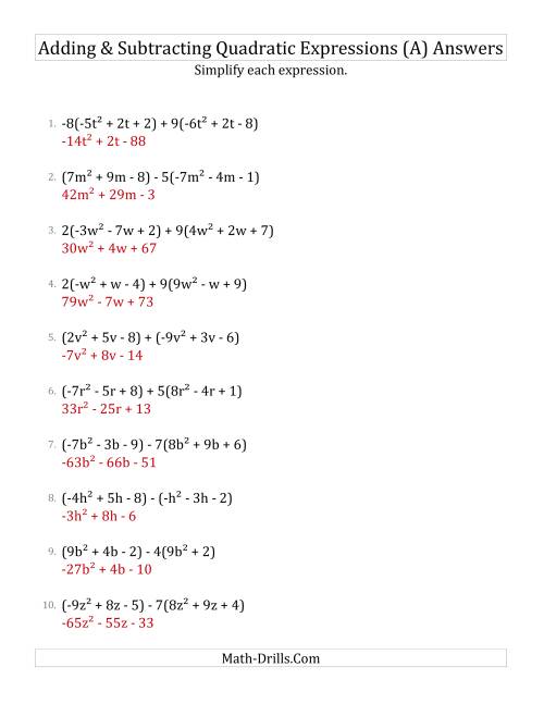 Adding and Subtracting and Simplifying Quadratic Expressions with ...
