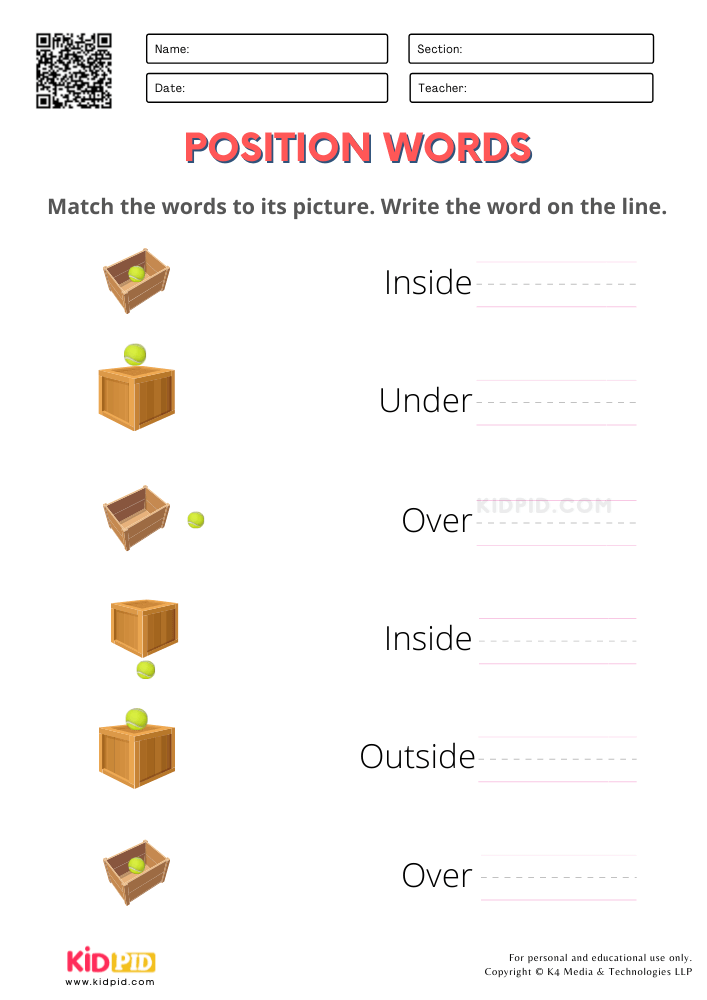 Position Words Practice Worksheets for Kindergarten - Kidpid