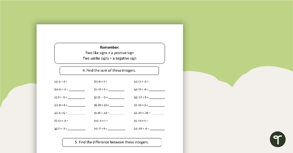 Positive and Negative Numbers - Worksheet | Teach Starter