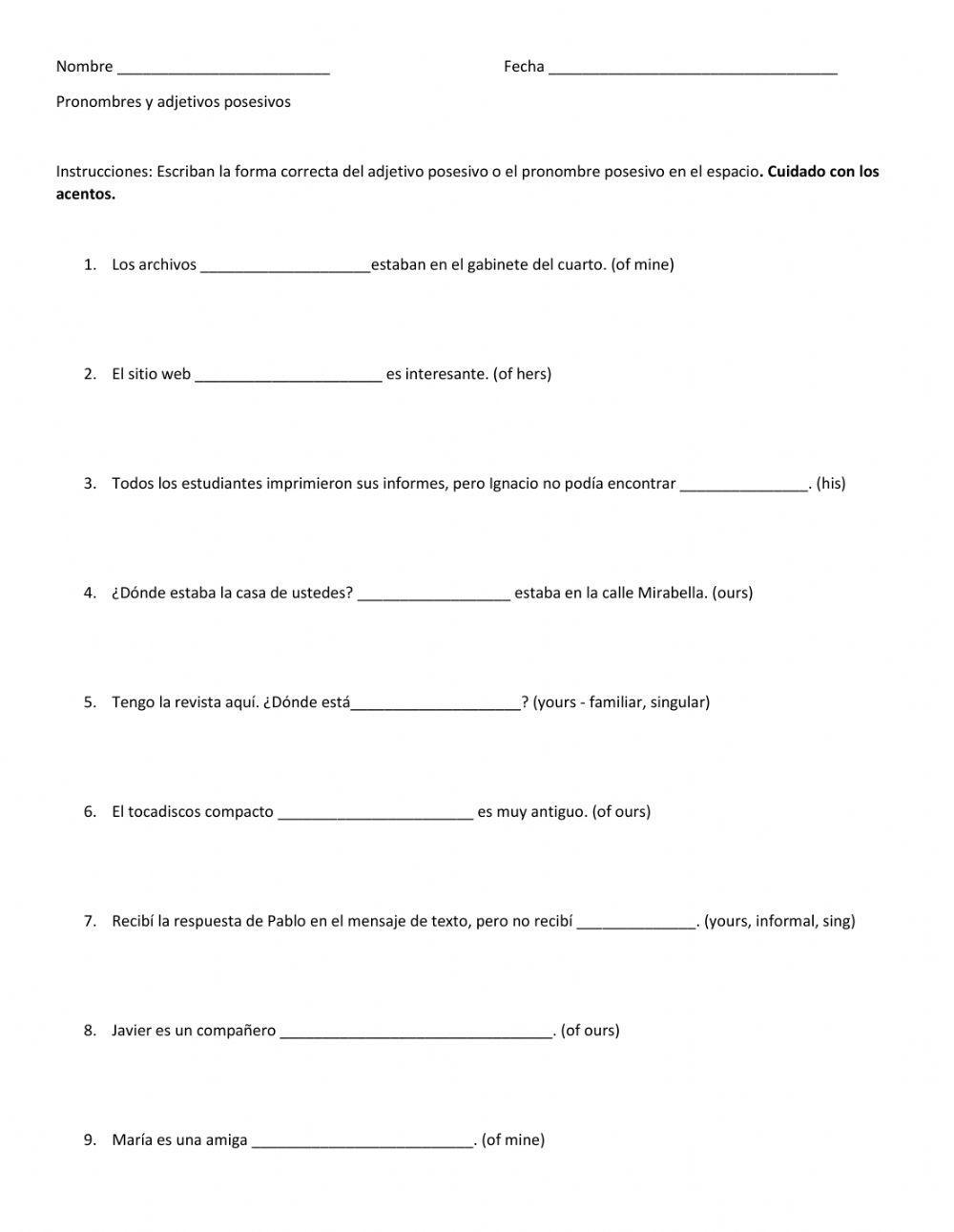 Stresses possessive adjectives and possessive pronouns in Spanish ...