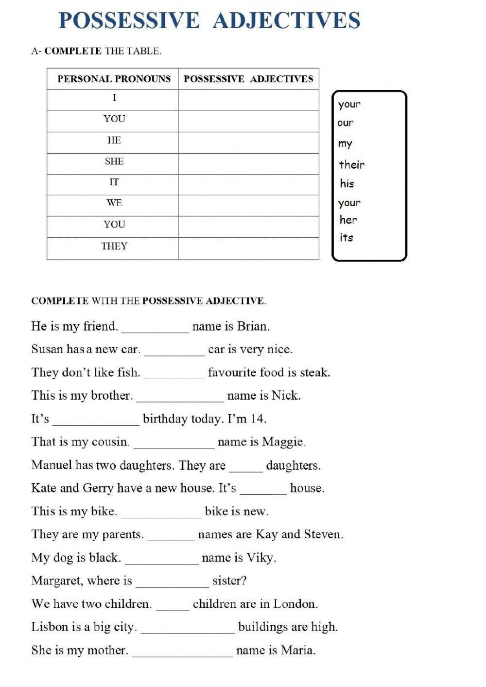 216 Possessive adjectives English ESL worksheets pdf & doc Worksheets