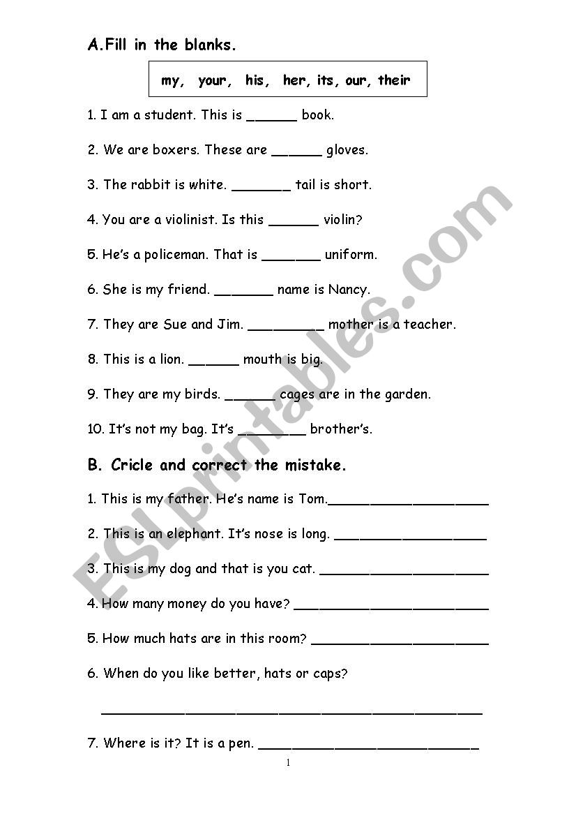 possessive adjective - ESL worksheet by m.rojasv