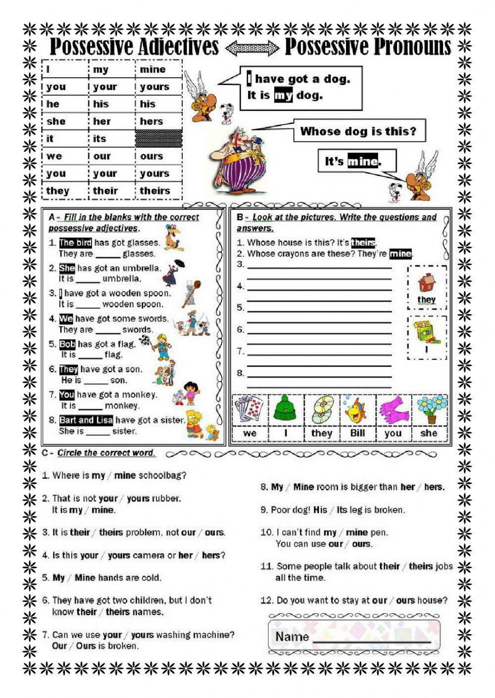 possessive noun and pronoun worksheet