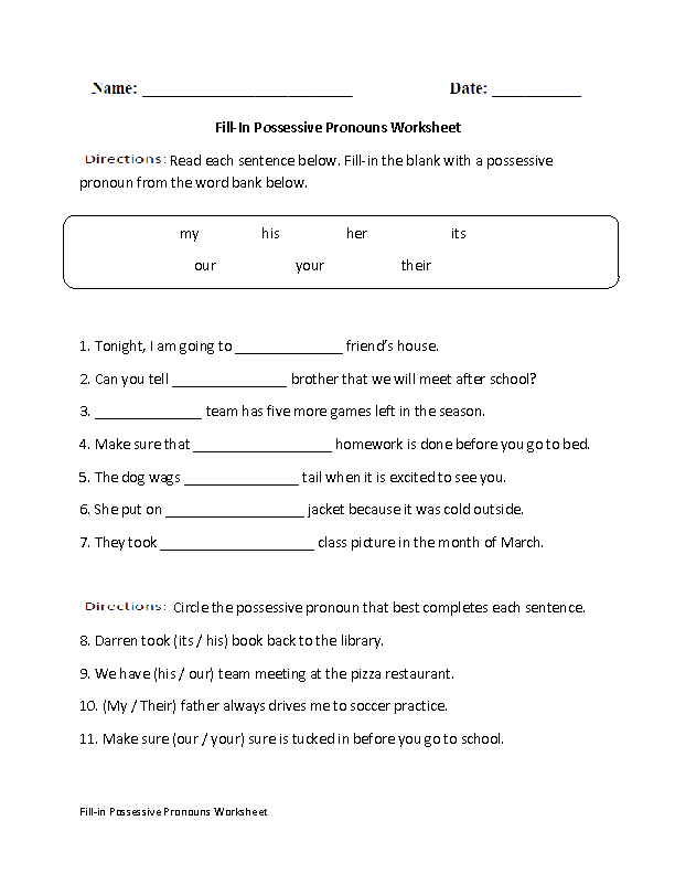 possessive noun and pronoun worksheet