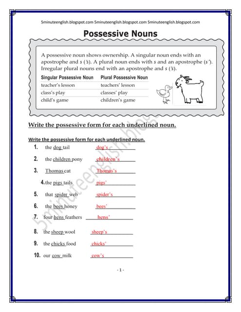 possessive noun worksheet 4th grade