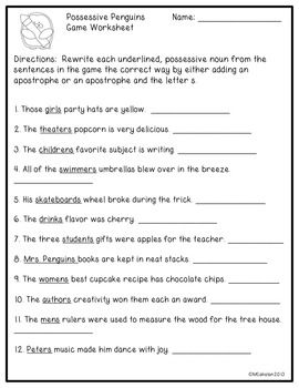 Singular and Plural Possessive Nouns Penguin Game Grades 3-5