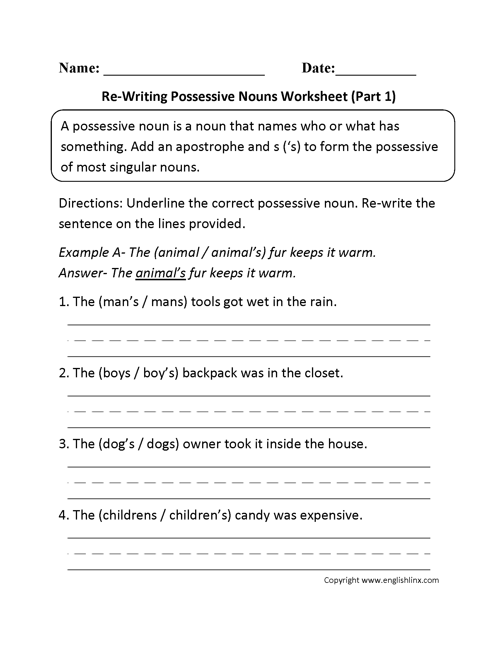 possessive noun worksheet 7th grade