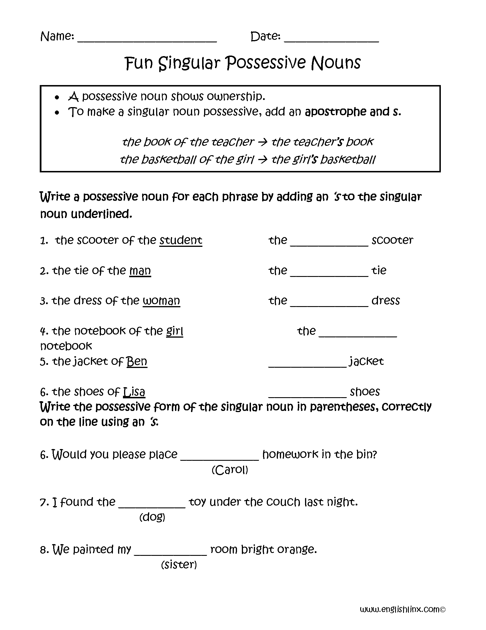possessive noun worksheet 7th grade