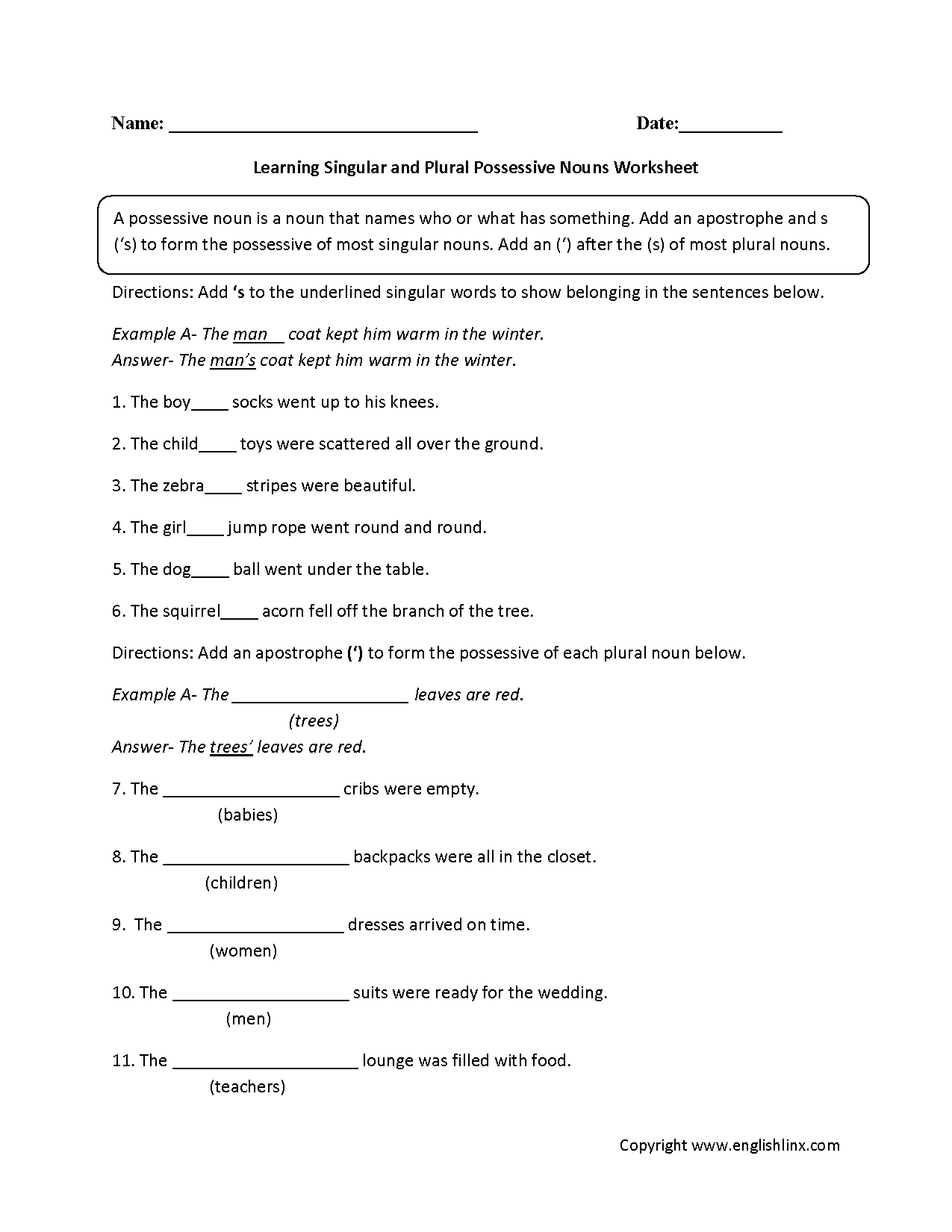 possessive noun worksheet 7th grade
