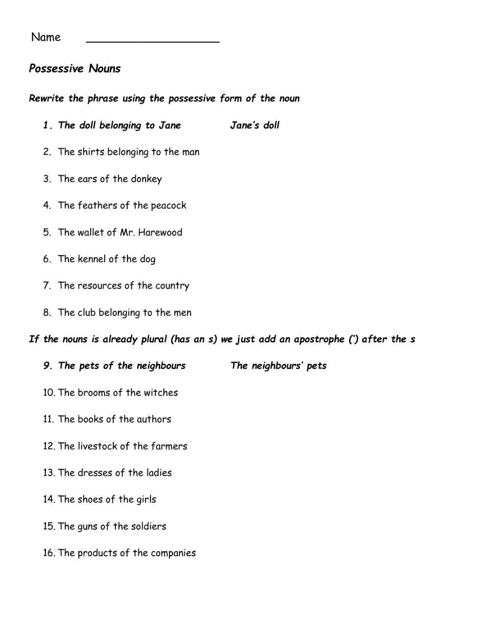 Possessive Nouns exercise for Grade 3/4  