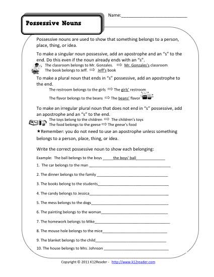 Possessive Nouns | Kindergarten Noun Worksheet