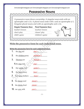possessive nouns worksheet 4th grade