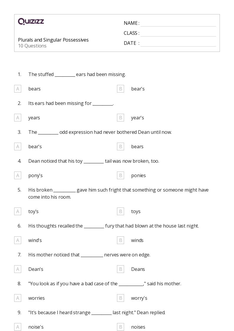 possessive nouns worksheet 4th grade