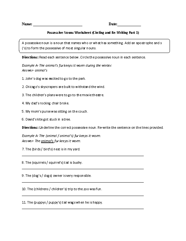 possessive nouns worksheet 5th grade