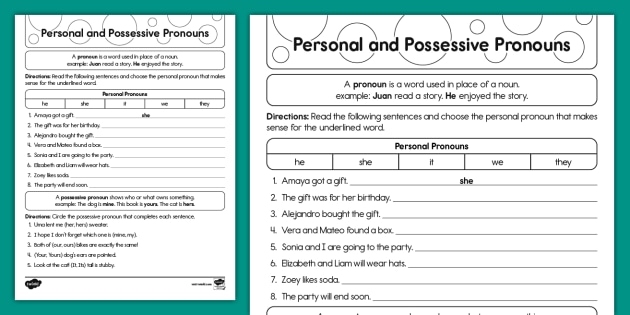 possessive pronouns printable worksheet