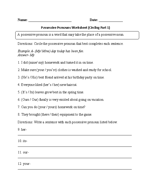 possessive pronouns worksheet pdf