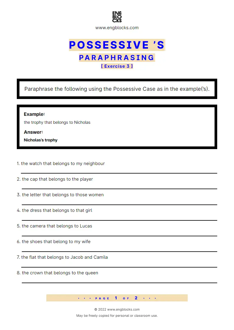 Possessive &  rsquo;s - Paraphrasing - Exercise 3 - Worksheet ...