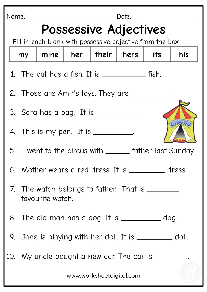 Possessive Adjectives | Free Printables | Grade 1 English
