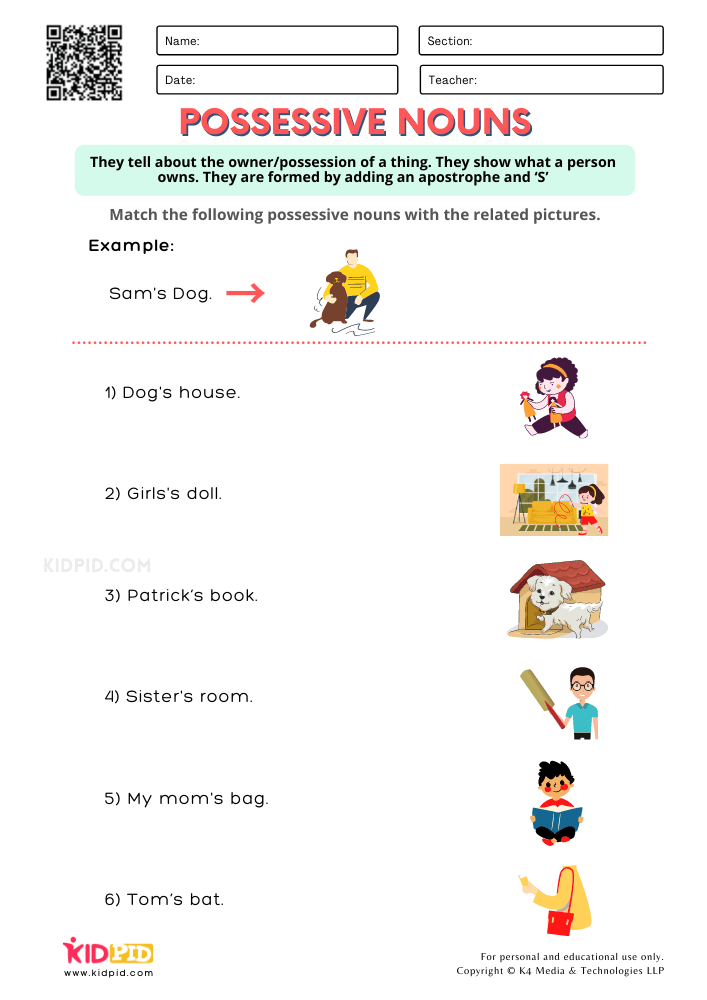 Possessive Nouns Printable Worksheets for Grade 1 - Kidpid