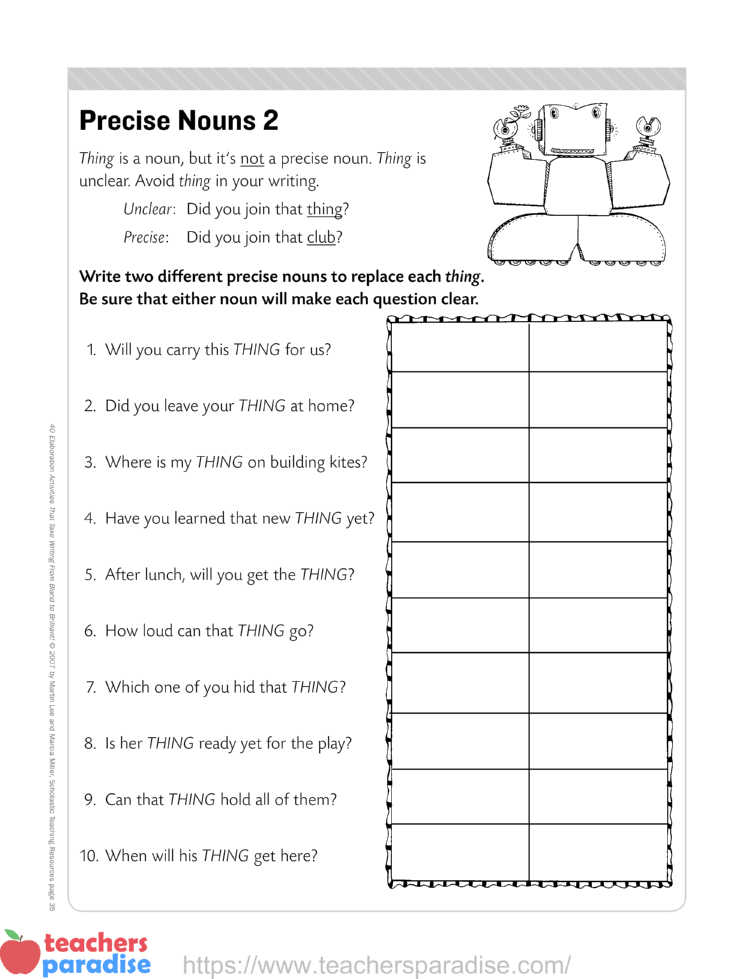 post noun elaboration worksheet