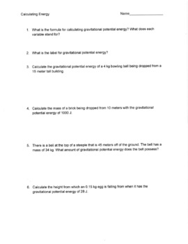 Calculating Kinetic and Potential Energy Worksheet
